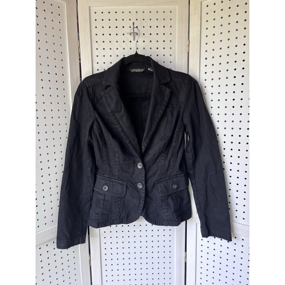 Eddie Bauer Women's Small Denim Jean Blazer Jacket 2 Button Fitted Stretch Black